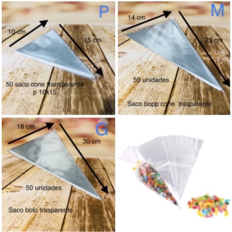 50~300 SACO CONE PLÁSTICO BOPP TRANSPARENTE (P 10X15)(M 14X23) OU (G 18X30)