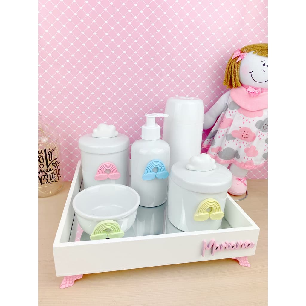 Kit Higiene Bebê Porcelana Temas Rosa Nome Personalizado Garrafa Branca