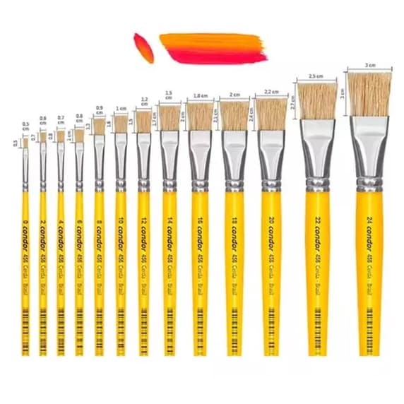 Pincel Chato Pelo Natural 456 Condor Artes Madeira Pintura - Escolha o Tamanho