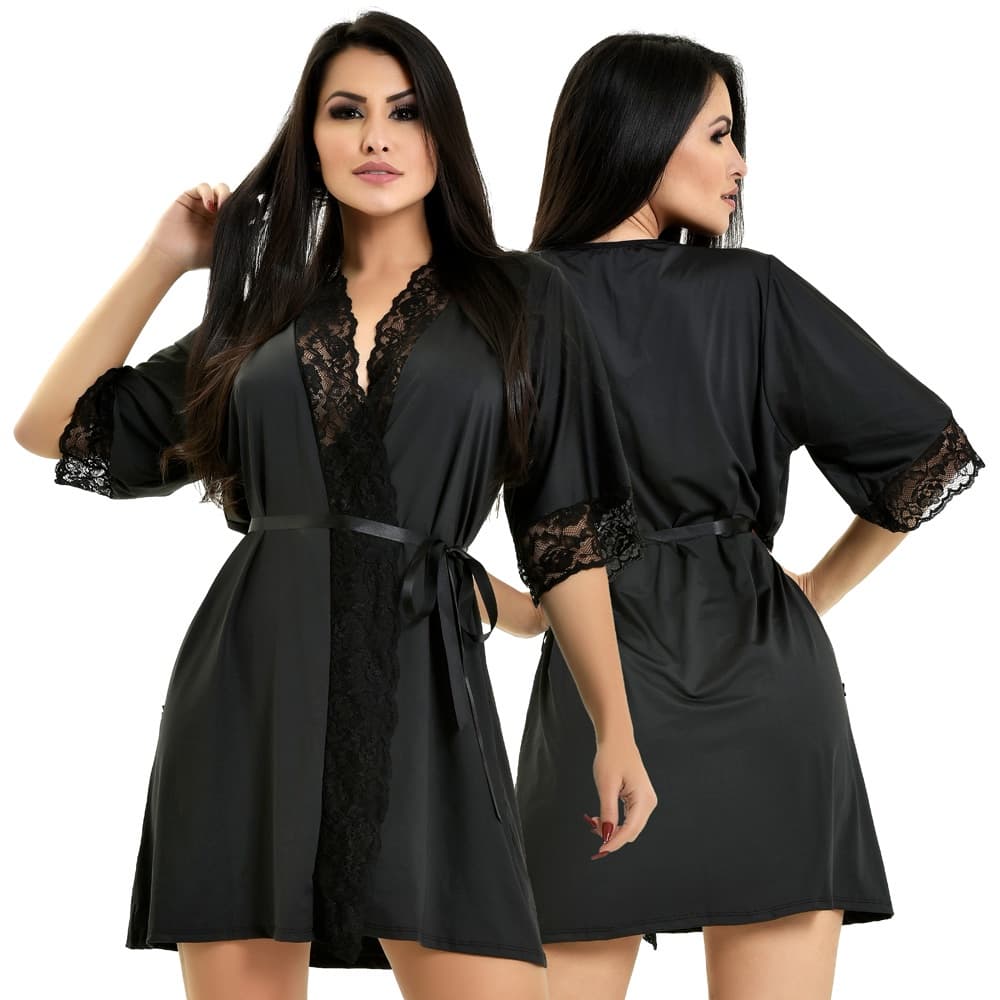 Robe Hoby Microfibra Renda Luxo Sensual Conforto Roupão Sexy Noiva Lua De Mel Chá De Lingerie | 850