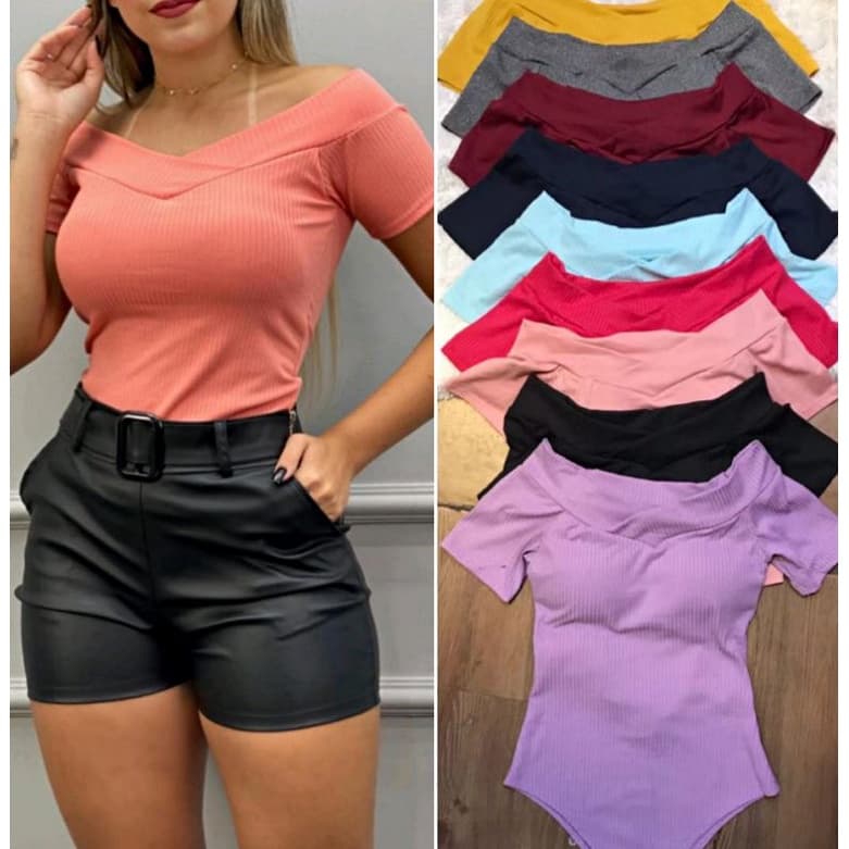 blusa body com bojo manga curta tecido canelada estica bonito confortável