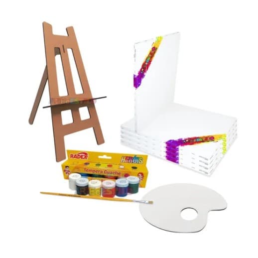 Kit 05 Telas Pintura com Mini Cavalete + 6 Potes de Tintas coloridas + Pincel e Paleta para Tintas