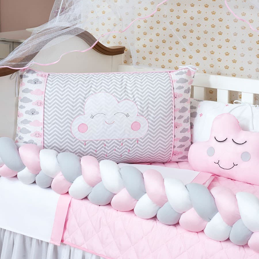 Kit Protetor Berço Trança Chuva De Amor Menina 12 Peças