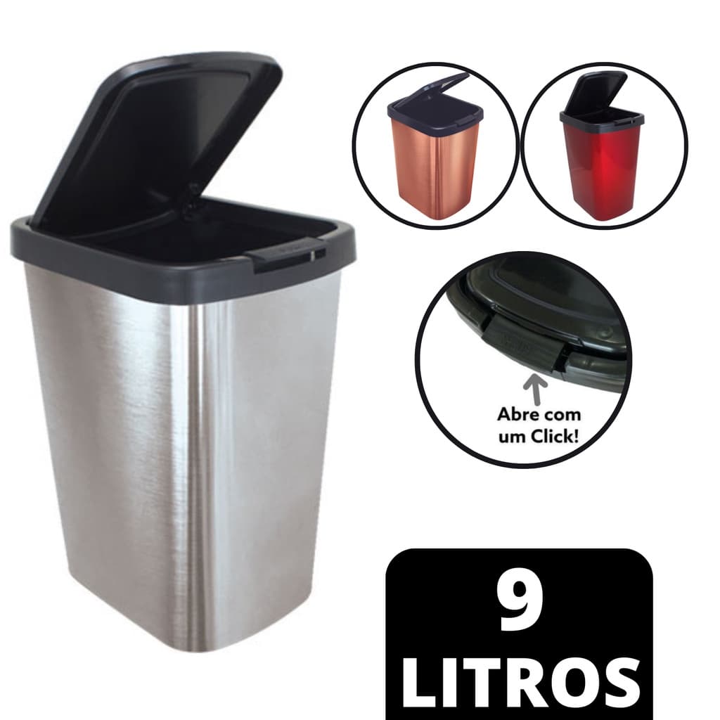 Lixeira Cesto Inox Metalizado 09 Litros Com Tampa Click Label Vermelho Rose Gold Banheiro Cozinha