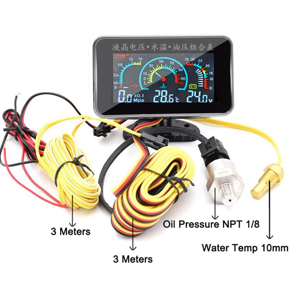 3 Em 1 LCD Carro Digital Medidor De Pressão De Óleo Voltímetro Temperatura Da Água 1/8 NPT sensor + 10mm