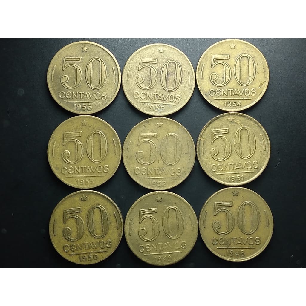 Moedas de 50 centavos entre 1948 e 1956, Gaspar Dutra, MBC, circuladas mas em bom estado, bronze alumínio, 21mm