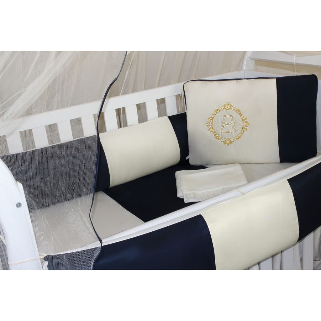 Kit Protetor de Berço Kids com Mosquiteiro Comum 7 peças Urso Arabesco Marinho com Cáqui