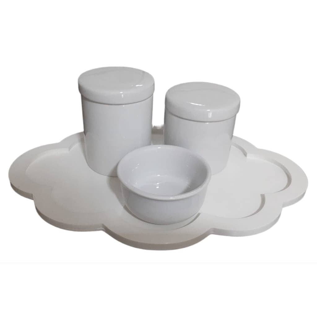 Kit Higiene Bebê Porcelana Branca Potes com tampa Bandeja Nuvem Clean maternidade menina menino porta algodão cotonete
