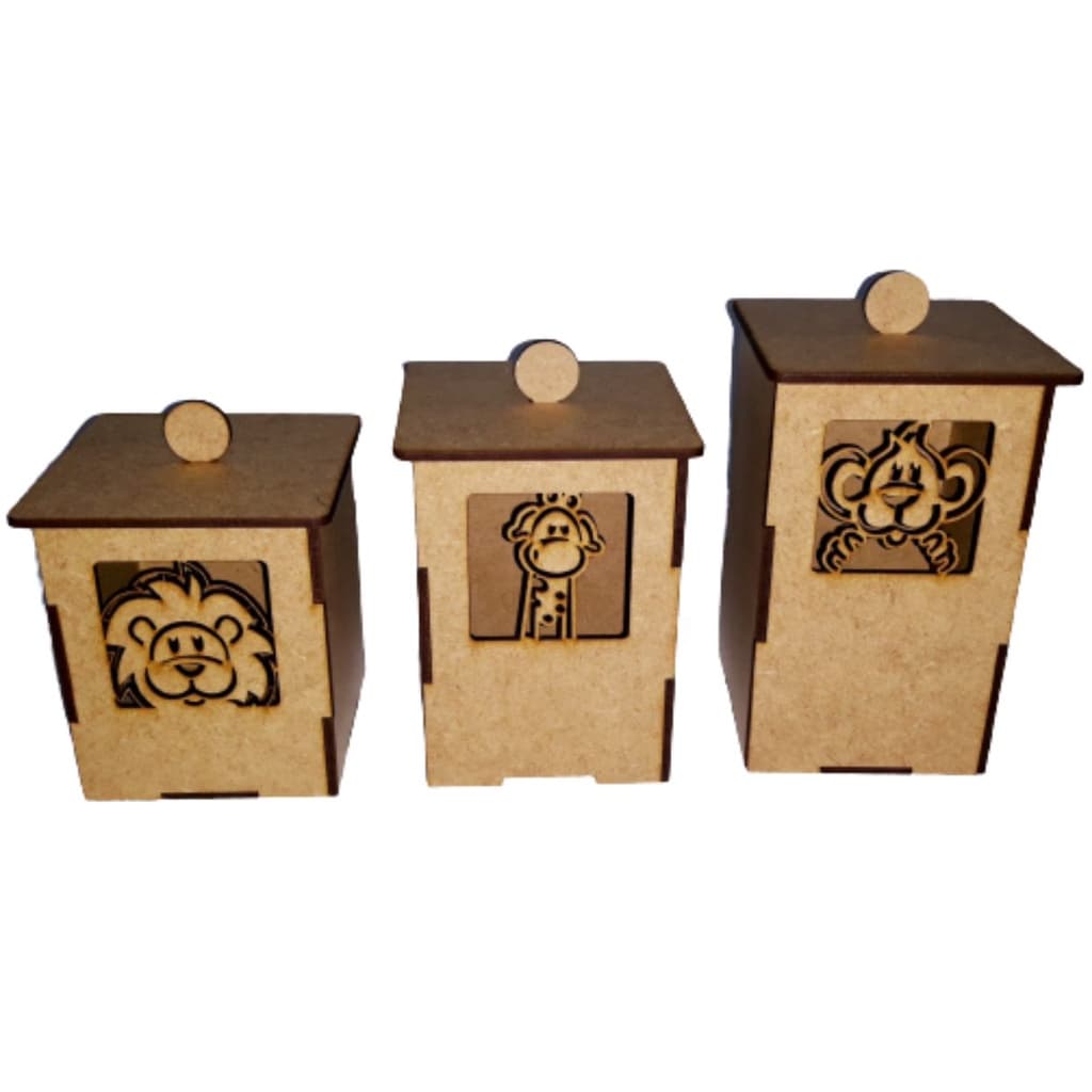 Trio de Potes do Safari 3 Tamanhos Kit Higiene Bebê MDF Crú Potes Para Quarto do Bebê