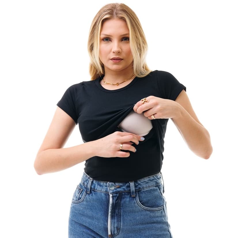 Camisa Feminina de Manga Curta Com Abertura Para Amamentação
