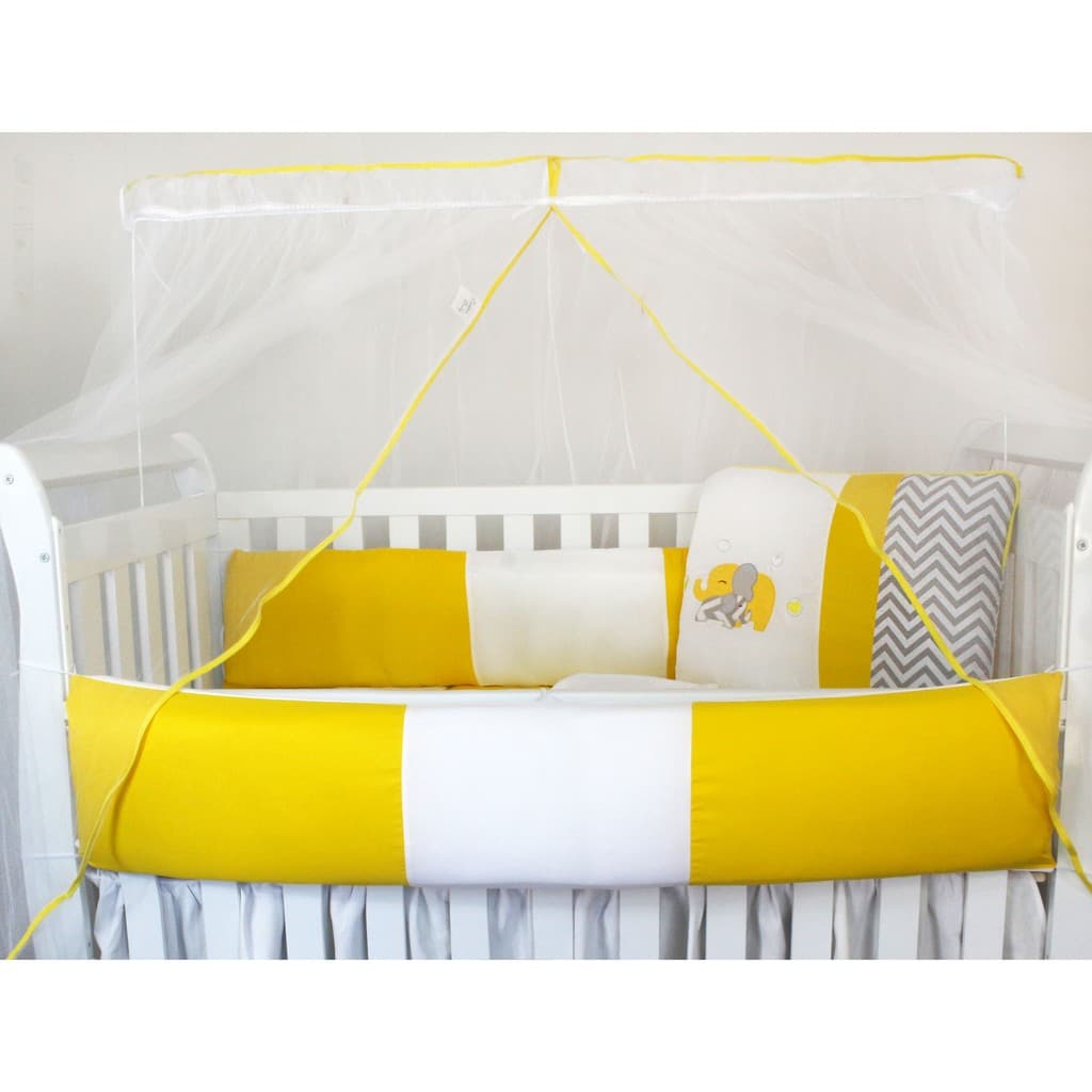 Kit Protetor de Berço Kids com Mosquiteiro Comum 7 peças Elefante Chevron Amarelo