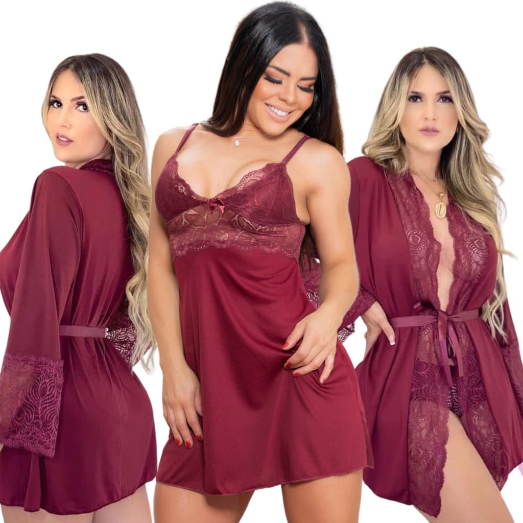 Kit de 1 camisola Sexy e 1 robe luxo de renda acompanha 2 calcinha fio dental