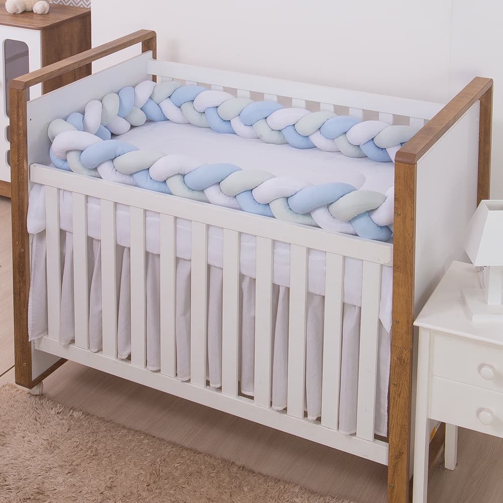 Protetor para Berço e Cama Infantil  Trança 04 Metros Azul, Cinza e Branco