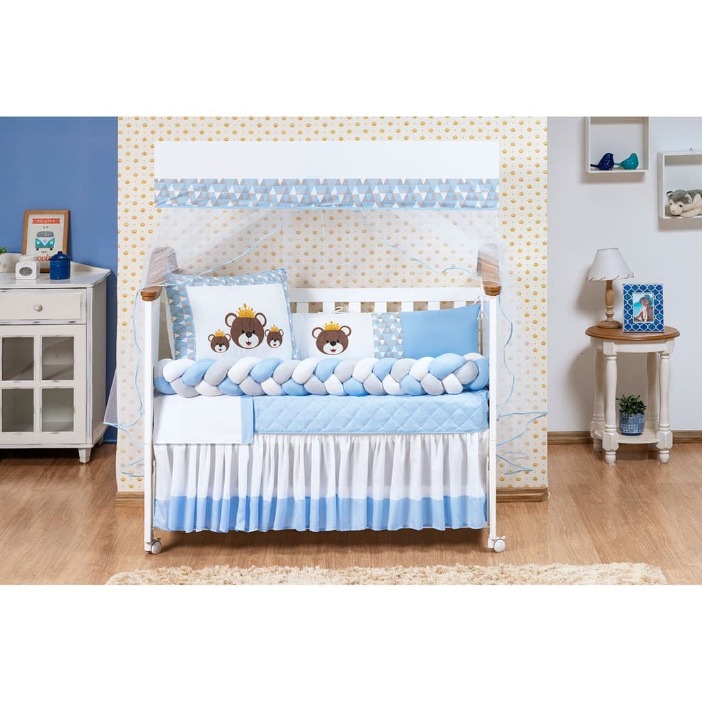 Kit Protetor Berço Trança 11 Peças com saia Urso Familia