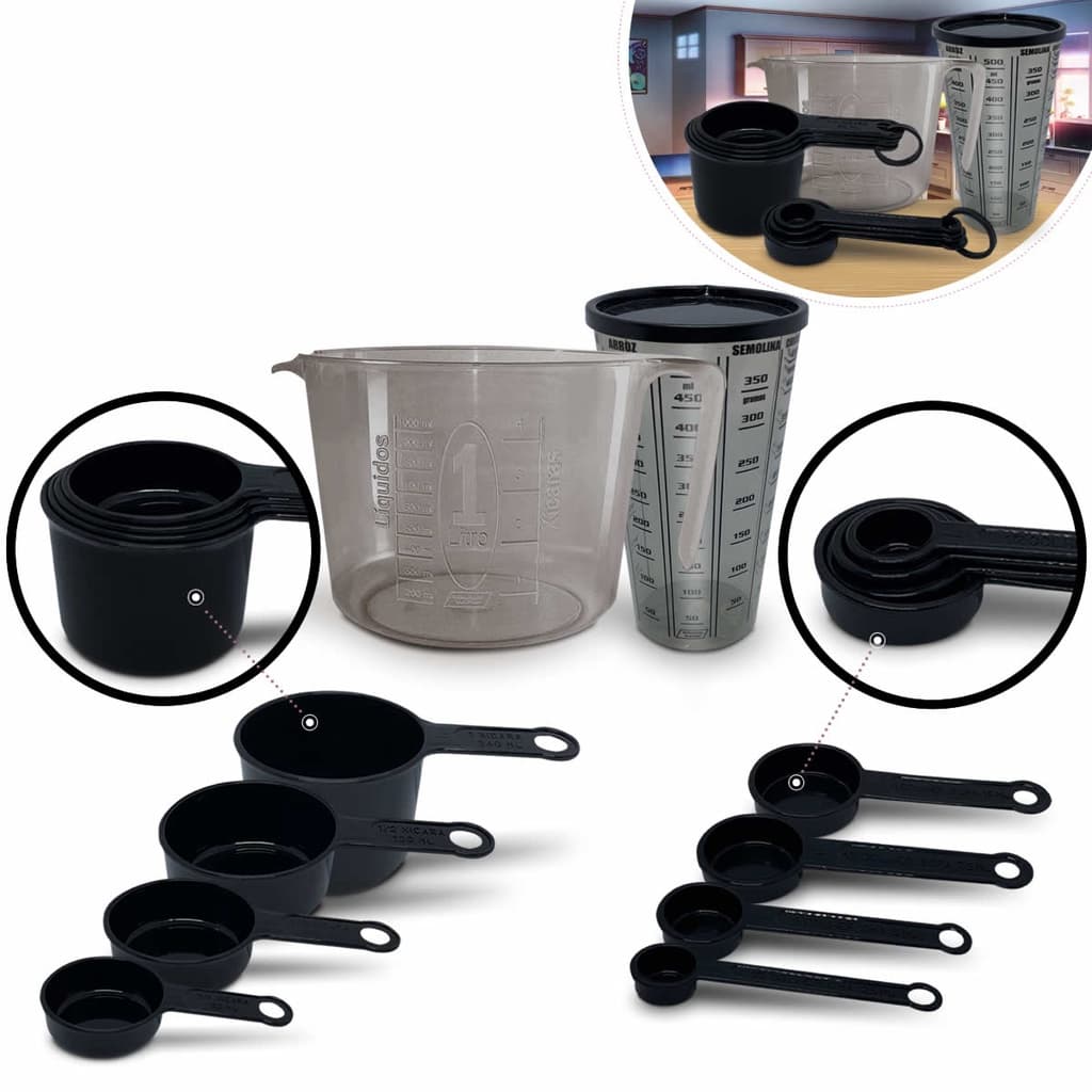 kit ou Conjunto de medidores completos e funcionais na cor preta jarra 1 litro copo de 500 ml  com tampa xicara e colher
