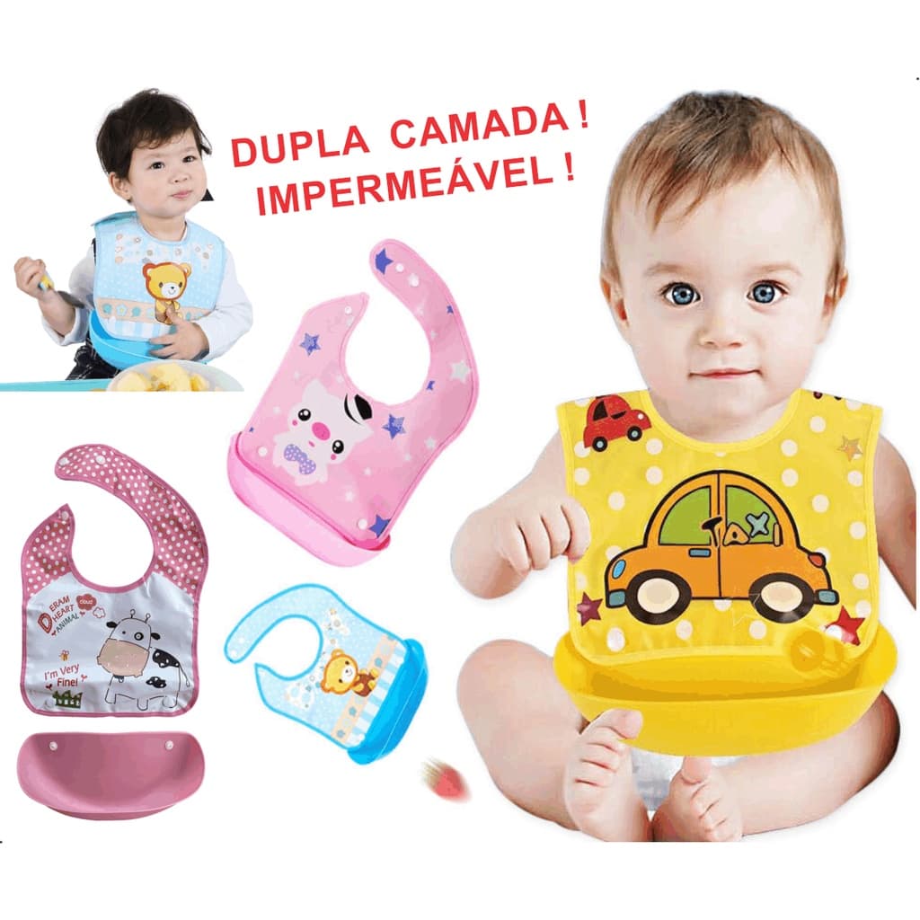 Babador plástico Silicone Impermeável à prova de água com Cata Migalha Removível e Ajuste de pescoço CAMADA DUPLA