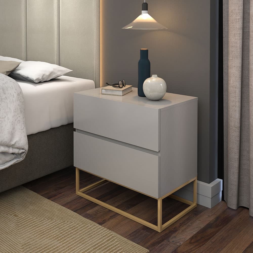 Mesa Cabeceira Eros 2 Gavetas estilo Industrial com Pés Dourado