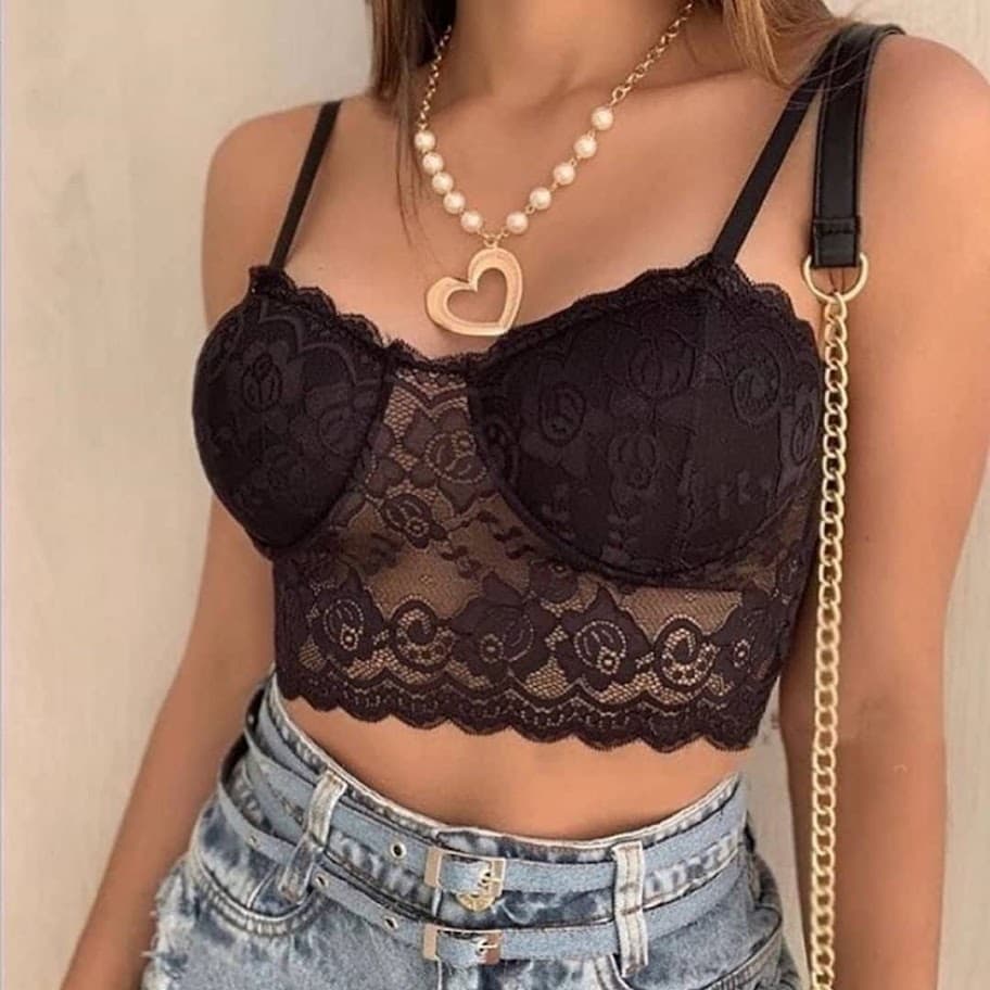 Cropped de Renda Feminino Meia Taça Top Com Bojo Confortável Casual Alça Regulável