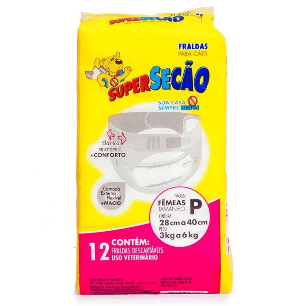 Fralda Descartável Super Secão Cães Fêmeas 12 Unidades Tam P