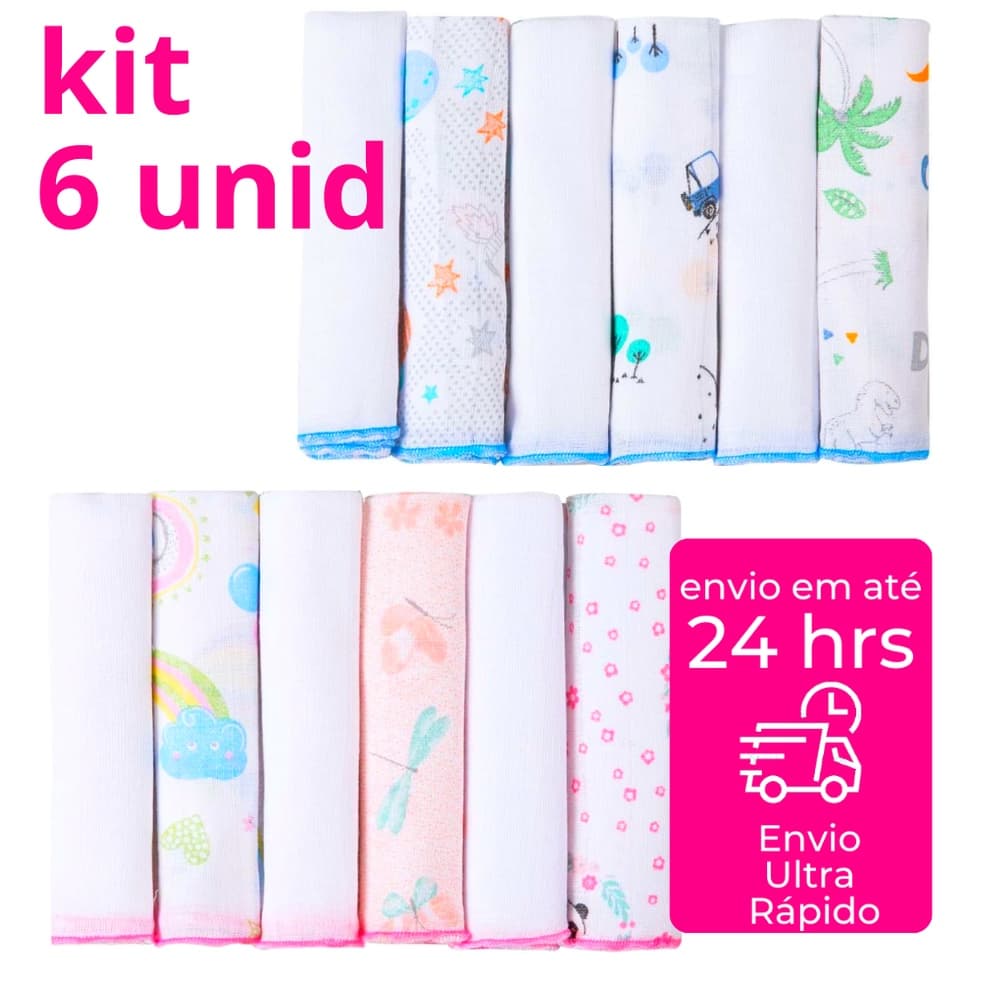 Pacote com 6 Unidades Pano Paninho Fralda de Boca Bebe Babete Fino 30cm x30cm 100% Algodão Papi