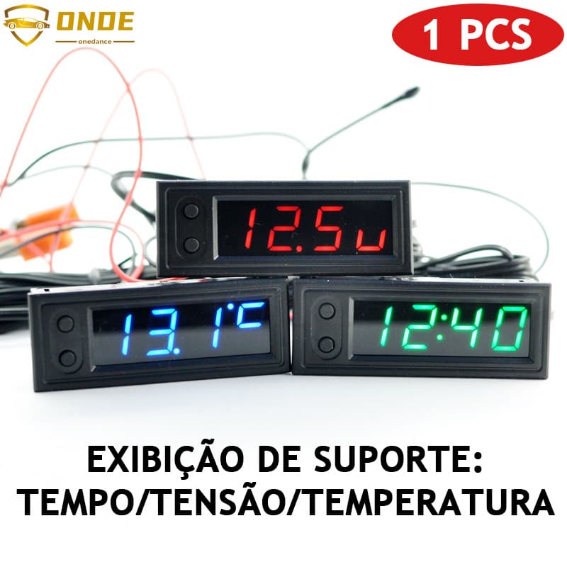 3 Em 1 Termômetro + Voltímetro + Relógio 12V Para Carro/Veículo Com Display Digital LED Visor para relógio de carro