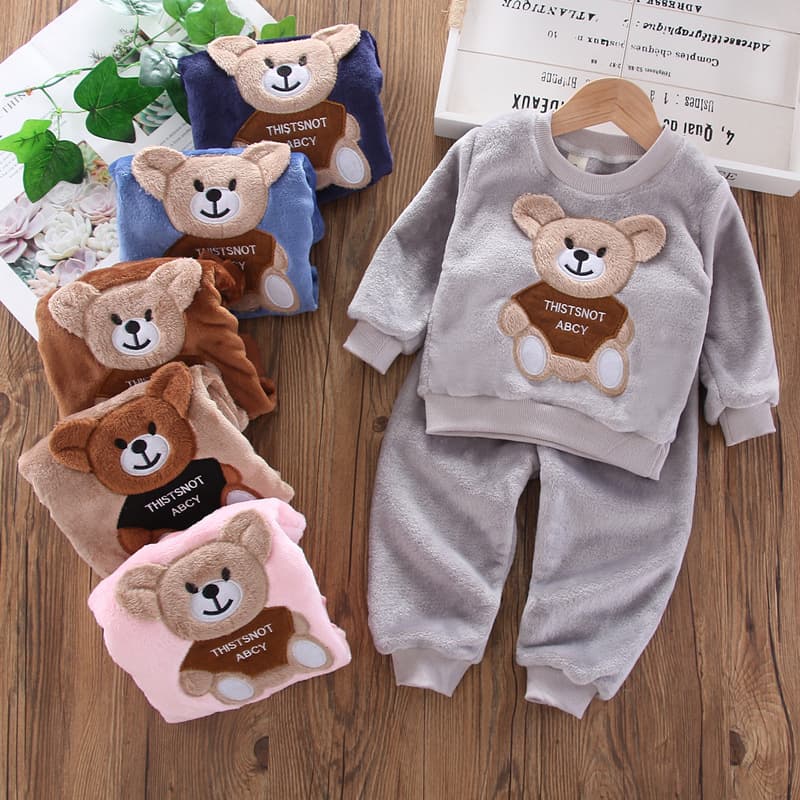 Roupas Para Crianças Outono Inverno Flanela Meninas Cartoon Bear Top + Pants Casual 2 Piece Boys Pijama Suit 9M-5 Anos