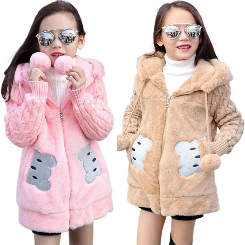 Casacos De Lã Com Capuz Para Meninas O Inverno Novos Pele Quente E Espessa Crianças Vestuário De Pelúcia Zíper