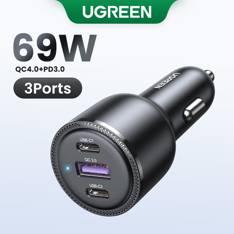 Carregador De Carro UGREEN 69W USB Tipo C Porta Dupla PD QC Carregamento Rápido Para Telefone Laptop iPhone Samsung