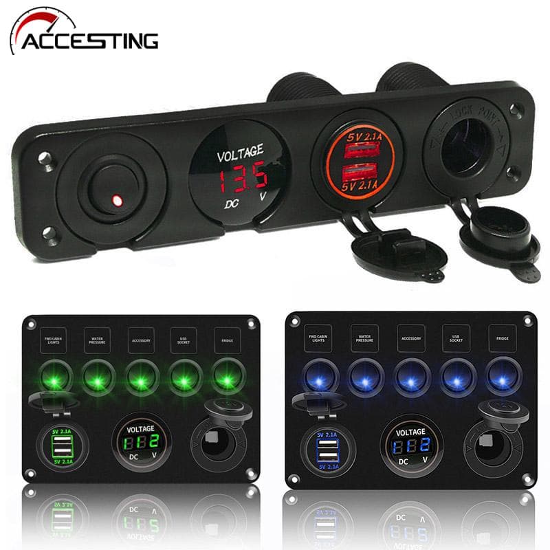 Painel De Interruptor LED Rocker Switch Com Voltímetro Digital Porta USB Dupla 12V Combinação De Saída À Prova D'água Para Barco Marítimo Automóvel