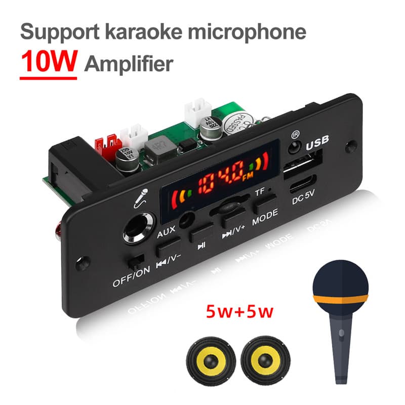 Amplificador De 10W Placa Decodificadora MP3 Bluetooth DIY 5W DC 5V Reprodutor De Música Carro FM Módulo De Rádio TF USB Gravação Mãos-Livres Microfone De Chamada