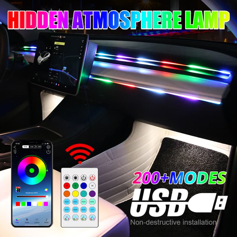 APP Luzes Ambientes Para Carros Streamer RGB 64 Leds Coloridos Universal LED Interior Fita Acrílica Escondida Lâmpada Sinfônica Atmosférica