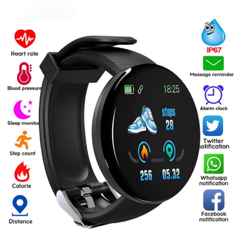 Relógio D18 Smart watch Homens Mulheres Pedômetro Rastreador De fitness Esportivo Monitoramento Da Pressão Arterial À Prova D'água PK 119 Plus