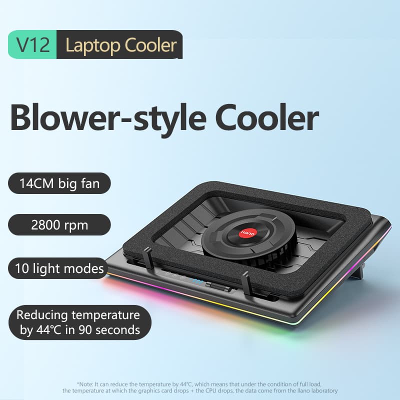 Llano V12 Poderoso Turbo-Fan (2800 RPM) RGB Laptop Cooler Com Velocidade Infinitamente Variável Para De Jogos Resfriamen