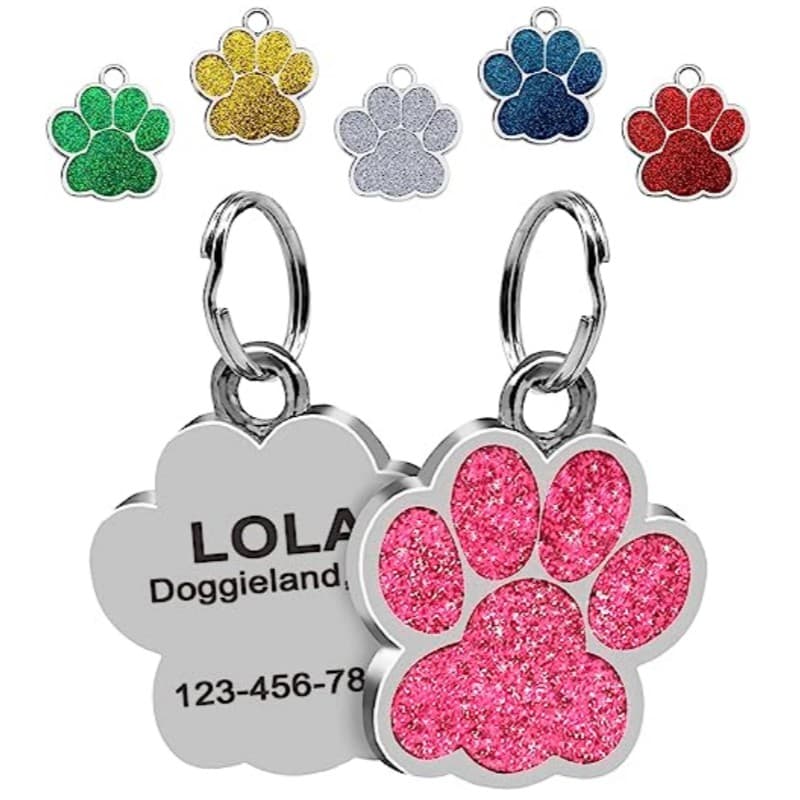 Etiqueta Personalizada De Cachorro Gato Gravado Pingente Glitter Pata Impressão Nome Do Pet ID Da Coleira Acessórios