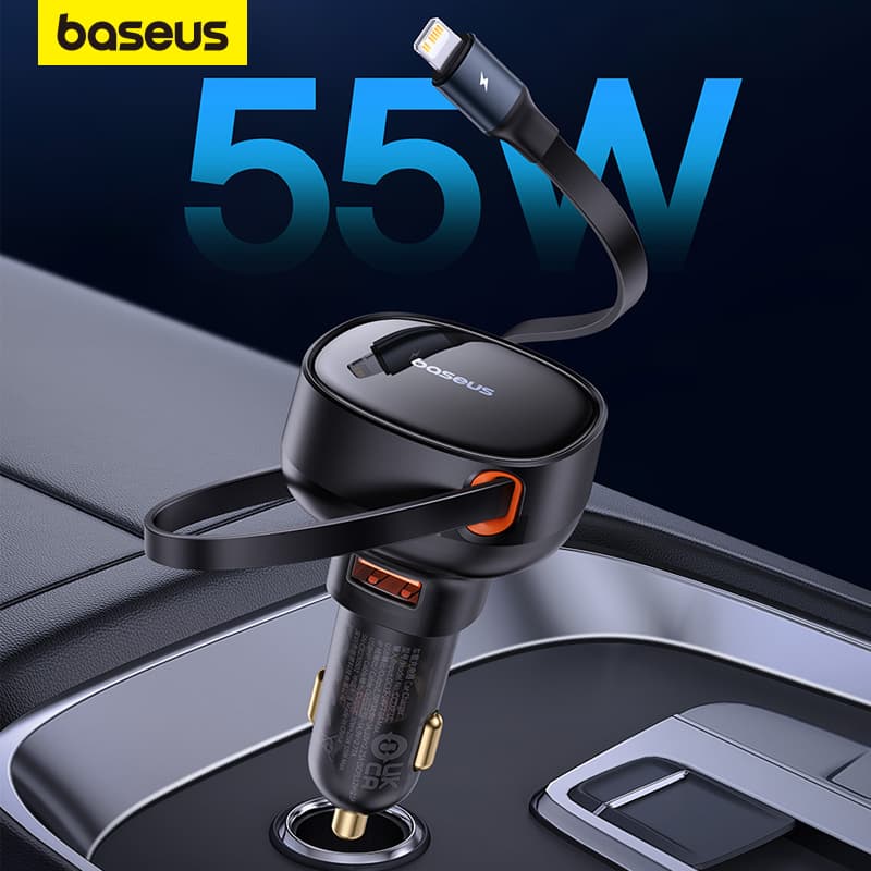 Carregador De Carro Baseus 2 Em 1 Rápido De 30W PD 25W USB C Cabo Retrátil Embutido Para Notebook Telefônico