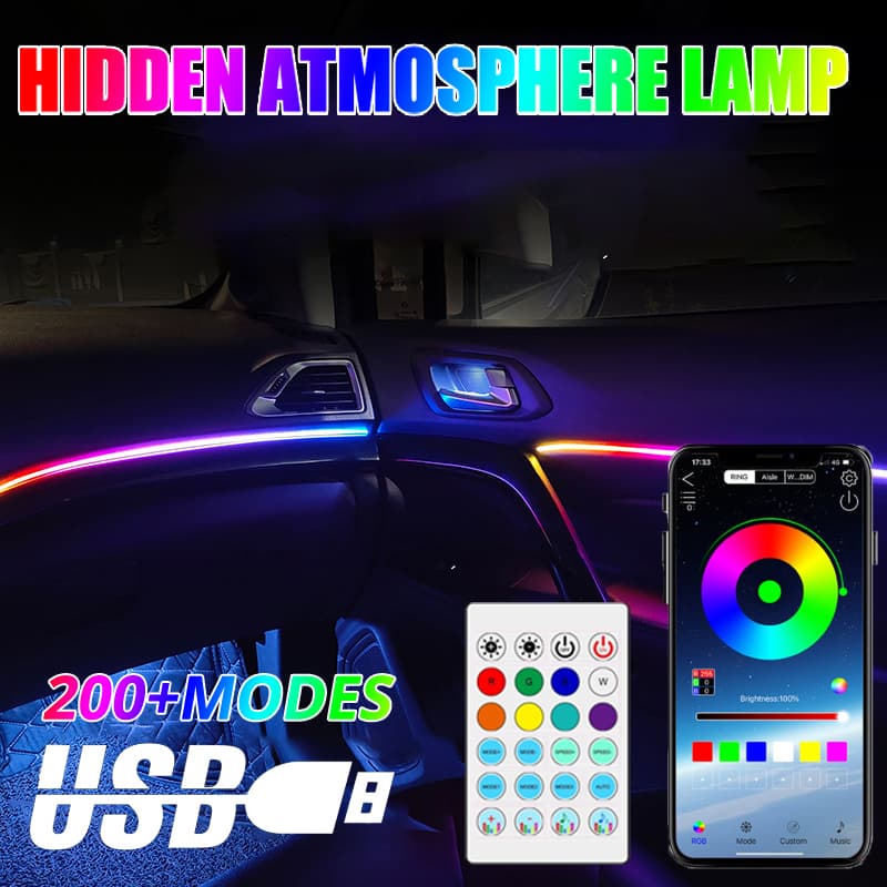 Luz Ambiente Do Carro LED 64 Tiras Acrílicas Coloridas 110cm Full Colors RGB Interior Lâmpada De Controle Remoto Da Atmosfera Oculta