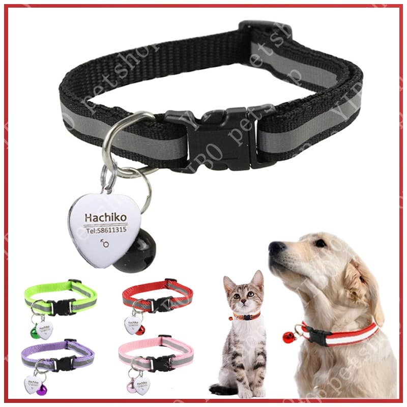 Nome Personalizado De Aço Inoxidável Etiquetas De Identificação Gravadas Coleira Refletiva Pet Para Cachorro Gato Acessórios Ajuste 19-32cm