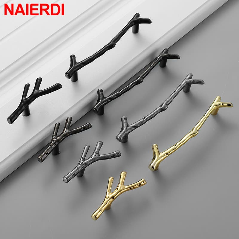 NAIERDI Fashion Tree Branch Furniture Handle 96mm 128mm Black Silver Bronze Cozinha Armário Puxadores De Gaveta Porta Ferragens