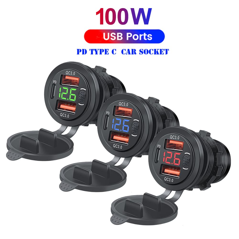 Três Portas 12V/24V Tomada De Carregador USB Dual 18W Carga Rápida 3.0 & 20W PD-C Para Motocicleta De Carro Com Voltímetro E Chave De Alimentação