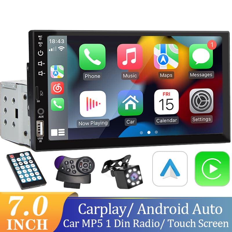 Carplay Multimídia Central Android Auto 1 Din 7 Polegadas MP5 Bluetooth USB/AUX/TF Mirrorlink Com Tela Sensível Ao Toque