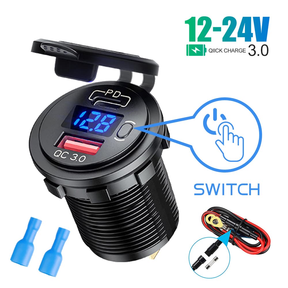 Carregador De Carro USB QC3.0 PD Tipo C Com Tomada De Interruptor Para Veículos De 12V/24V Caravana De Motocicleta SUV Ônibus Marine