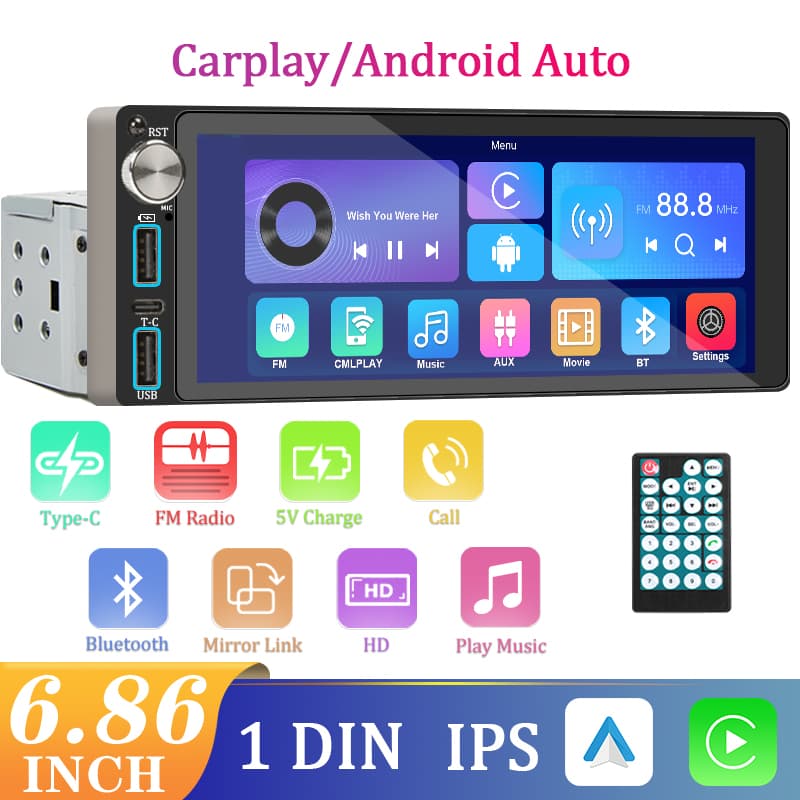Central Multimídia Carplay Android Automotivo MP5 1 Din Bluetooth Portas USB Tipo C De 6,86 Polegadas Mirrorlink