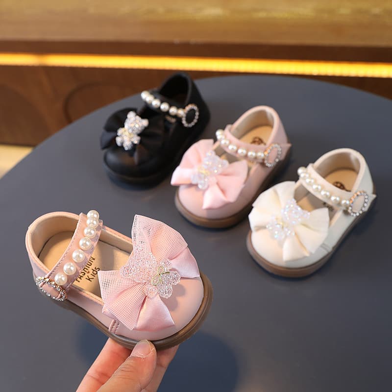 Congme 0-4Yrs Baby Girls Sapatos De Couro Para Meninas Recém-Nascidas Pérola De Laço Cristal Bonitos Princesa