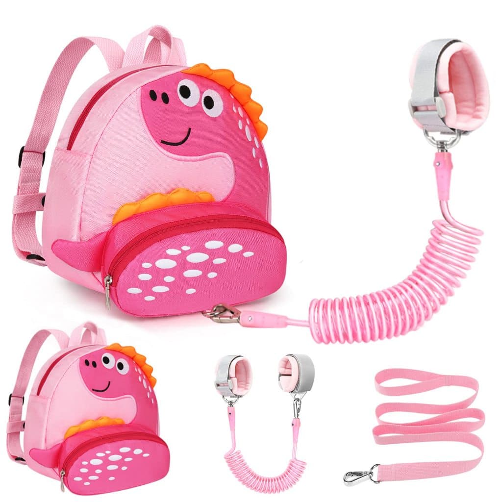 Mochila infantil Metoo mini dinossauro com elo de segurança anti-perda, adequada para 1 a 5 anos.