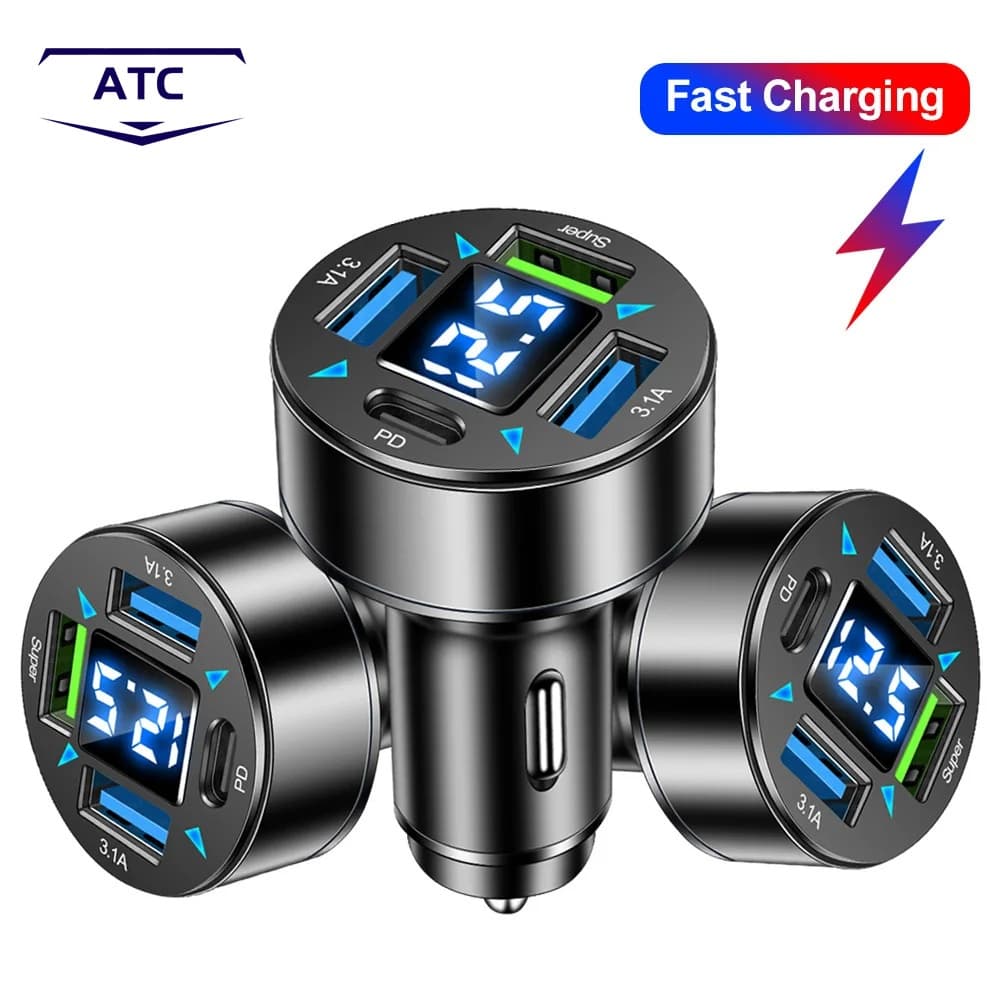 3 USB + PD Display Digital Suporte De Carregamento De Carro Super Rápido Um Reboque Quatro QC3.0