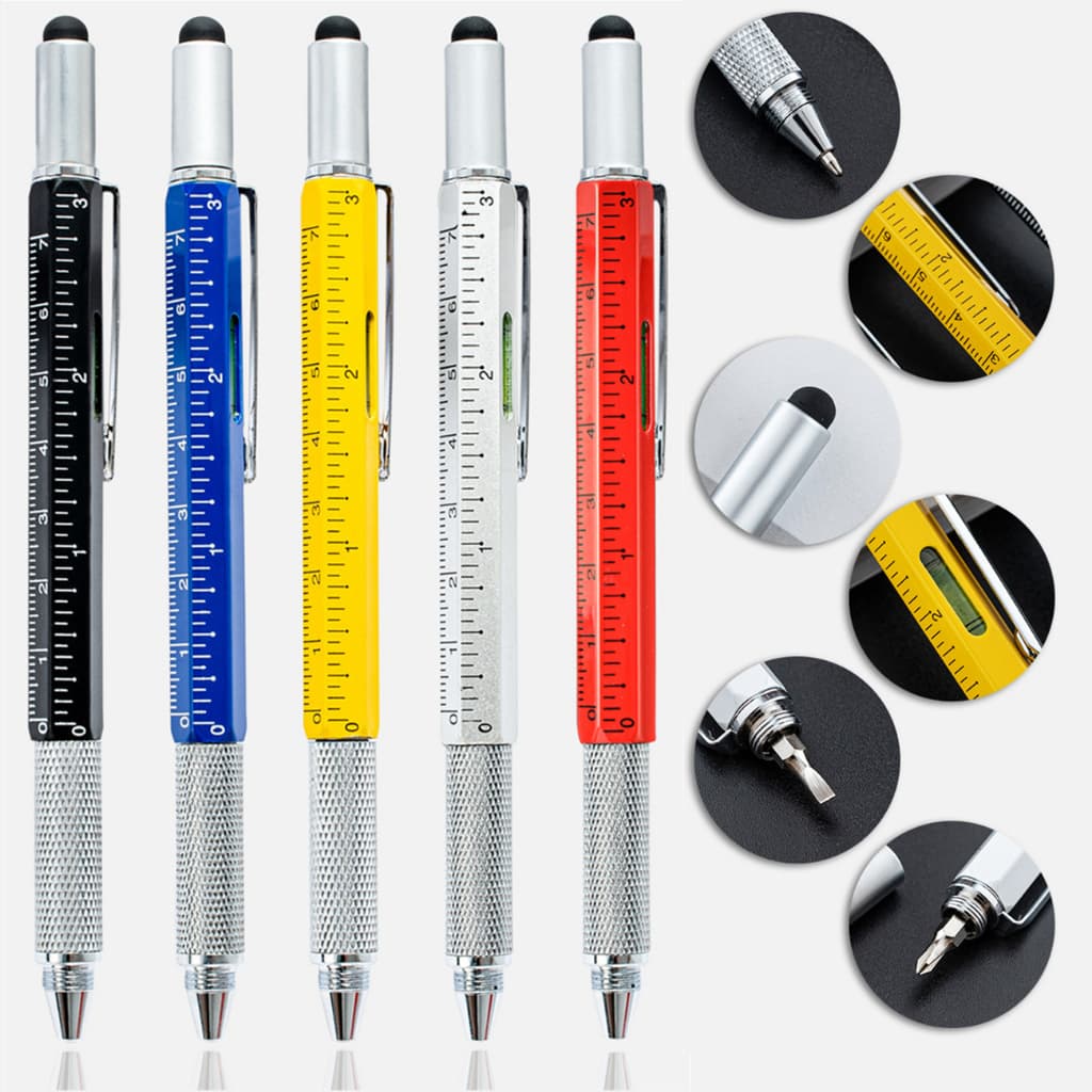 Nova 6 IN 1 Caneta esferográfica multifuncional com ferramenta de medição horizontal, chave de fenda, régua, caneta touc