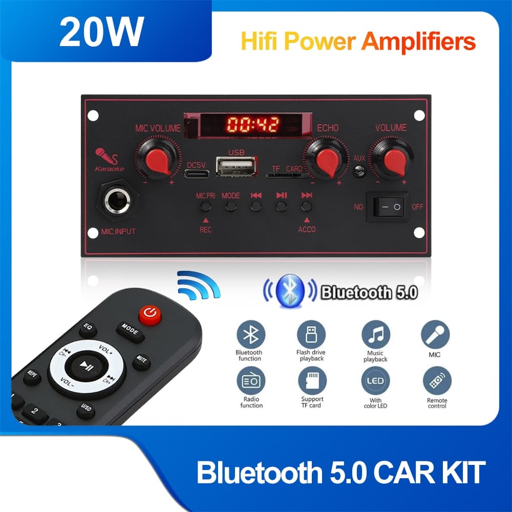 Amplificador De 20W Placa Decodificadora DC 5V Bluetooth 6.5mm Microfone FM Rádio TF USB Carro Reprodutor De Música Alto-Falantes Controle De Volume DIY