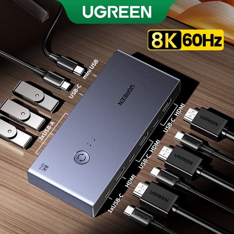 UGREEN 8K60Hz HDMI KVM Switch HDMI2.1 USB3.0 2 Em 1 Saída Com Fonte De Alimentação USB-C + Controle De Mesa 3 * A + 1