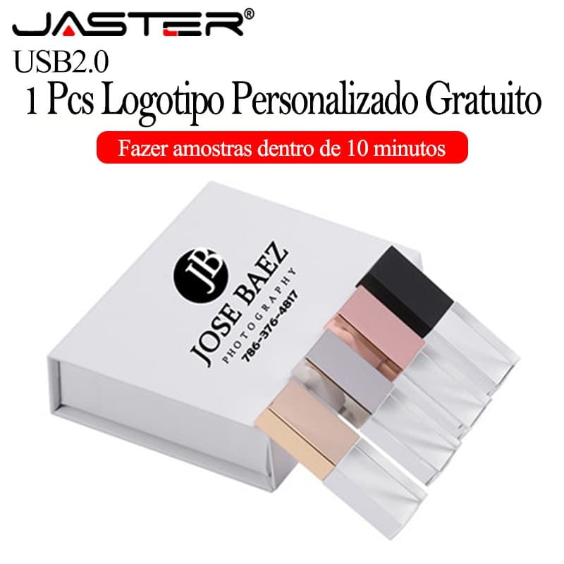 JASTER (1PCS Logotipo Gratuito) Crystal + Box USB 2.0 Flash Drive 128GB Memória Fotográfica De Construção Stick 64GB Pen