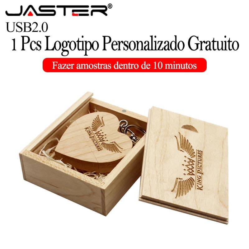 JASTER (logotipo personalizado gratuito) pen drive de madeira em forma de coração + caixa 128 GB Fotografia Studio Flash
